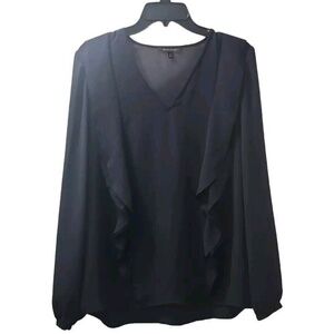 Banana Republic Ruffle Blouse V-Neck Long Sleeve Top Elegant Black S‎